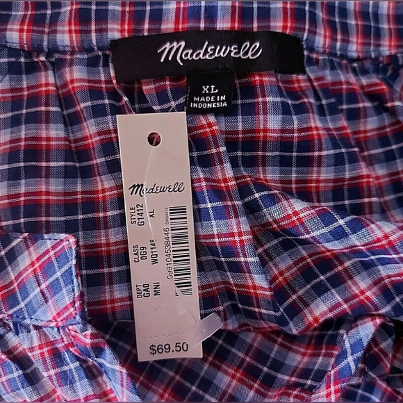 NWT Madewell 3/4 Length Tie-Sleeve Popover Top in Whitby Red White Blue Plaid XL - Picture 2 of 9